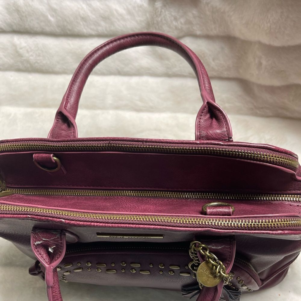 Steve Madden burgundy faux leather satchel with rustic studs accent. - Picture 3 of 16